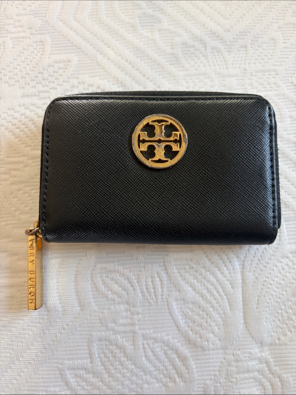 Tory Burch Black Leather Zip Wallet Case with Gold Emblem